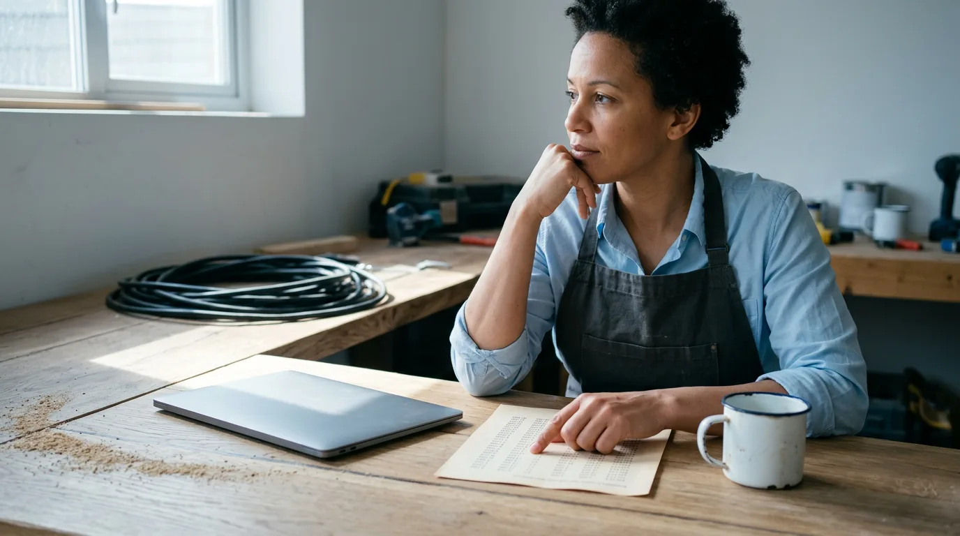 Small-business owner comparing digital marketing packages on a laptop at a workshop desk