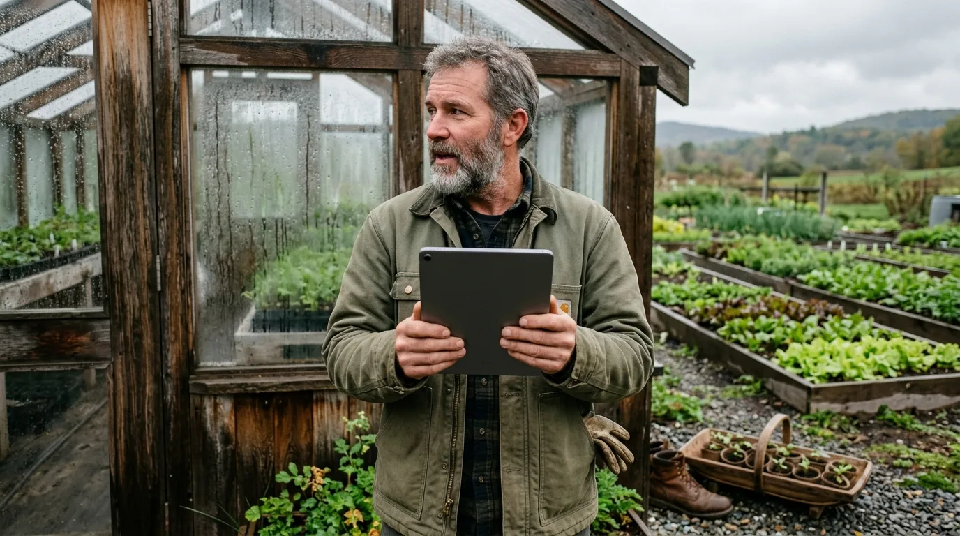 Independent plant grower reviewing small business marketing packages on a tablet outdoors